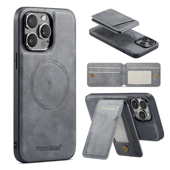 For iPhone 13 Pro Max Fierre Shann Oil Wax Cow Leather Magnetic Card Holder Phone Case(Grey)