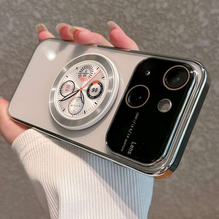 For iPhone 15 Electroplated Large Window Bracket PC Phone Case(Silver)