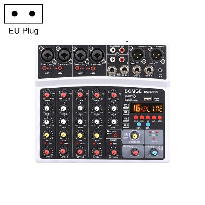 BMG-06D 6-channel Live Mixer Mobile Phone Bluetooth Sound Card Digital 16DSP Reverb Effect, EU Plug(