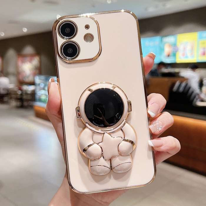 For iPhone 12 Embrace Stars Electroplating Astronaut Holder Phone Case(Pink)