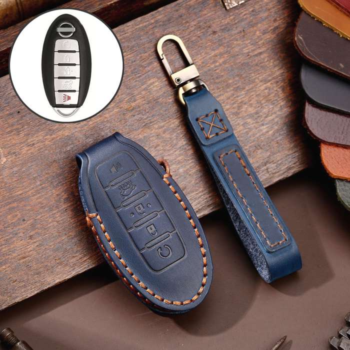For Nissan 5-button Horn Hallmo Car Cowhide Leather Key Protective Cover Key Case(Black)