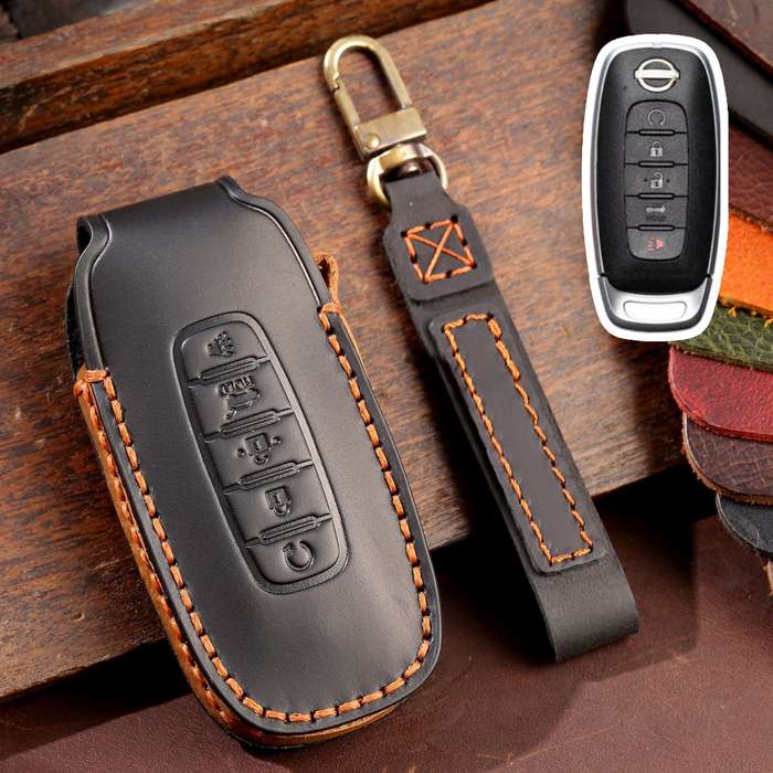For Nissan Teana / Ariya 5-button Start Hallmo Car Cowhide Leather Key Protective Cover Key Case(Bla