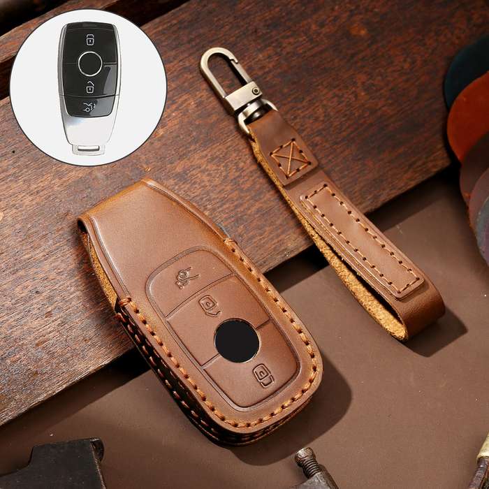 Hallmo Car Cowhide Leather Key Protective Cover Key Case for New Mercedes-Benz E300L(Black)