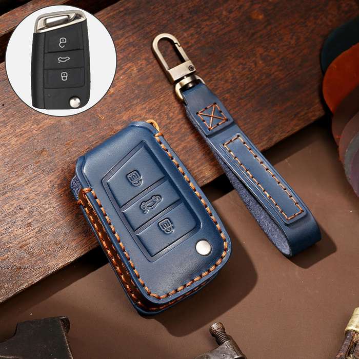 Hallmo Car Cowhide Leather Key Protective Cover Key Case for Volkswagen Lavida B Style(Brown)