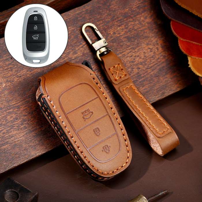Hallmo Car Cowhide Leather Key Protective Cover Key Case for Hyundai 3-button(Blue)