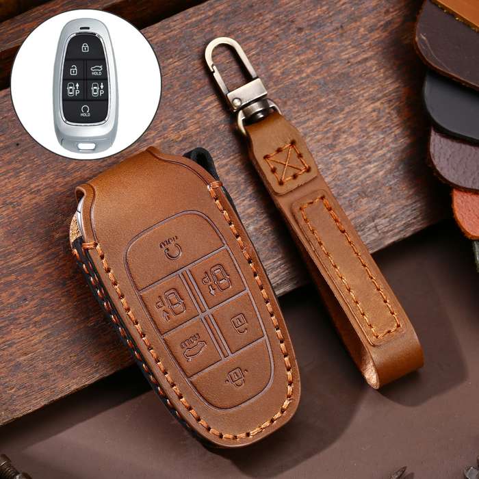 Hallmo Car Cowhide Leather Key Protective Cover Key Case for Hyundai 6-button(Blue)