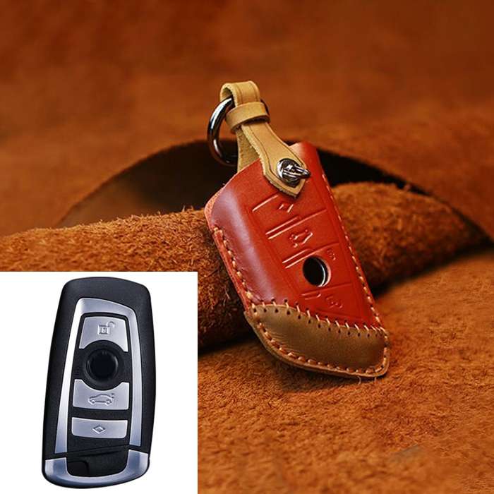 For BMW Blade Style Car Cowhide Leather Key Protective Cover Key Case, Three Keys Version (Blue)