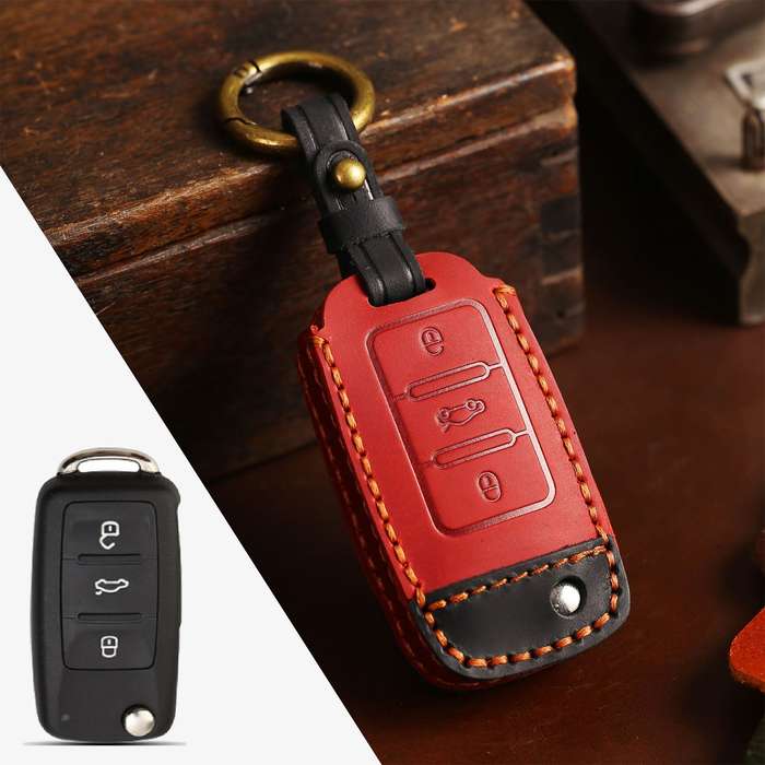 For Volkswagen Car Cowhide Leather Key Protective Cover Key Case, D Version(Blue)