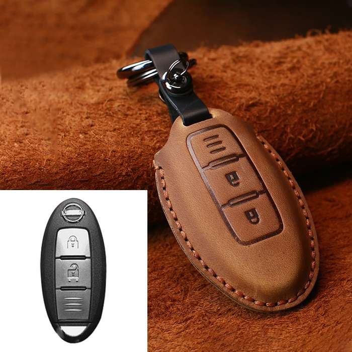For Nissan Car Cowhide Leather Key Protective Cover Key Case, Three Keys Horizontal Line Version (Re
