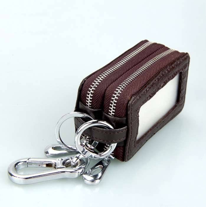 9075 Universal Crocodile Texture Genuine Leather Double Zipper Car Key Case(Coffee)