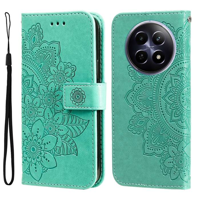 For Realme 12 5G 7-petal Flowers Embossing Leather Phone Case(Green)