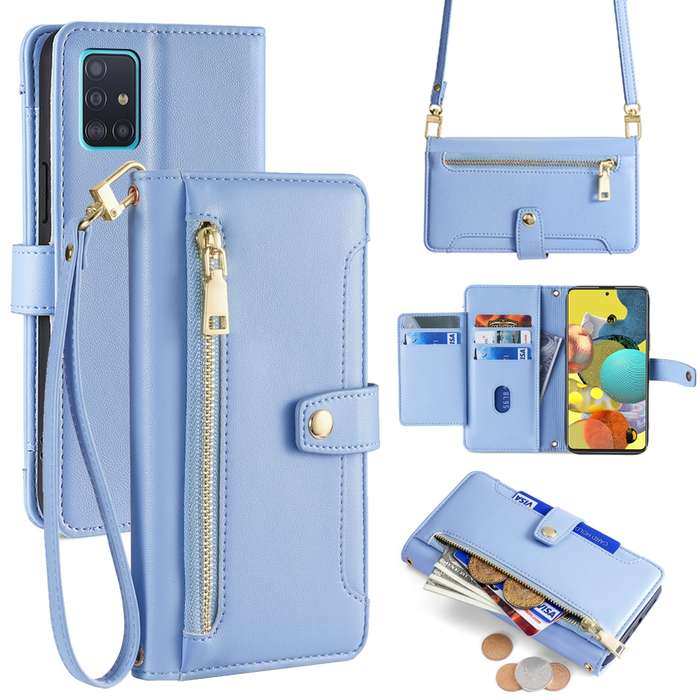 For Samsung Galaxy A51 5G Sheep Texture Cross-body Zipper Wallet Leather Phone Case(Blue)