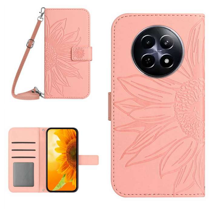 For Realme 12 5G Global Skin Feel Sun Flower Embossed Flip Leather Phone Case with Lanyard(Pink