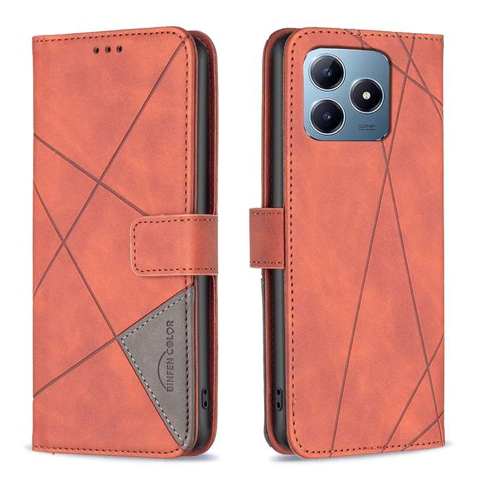 For Realme C61 / C63 Magnetic Buckle Rhombus Texture Leather Phone Case(Brown)