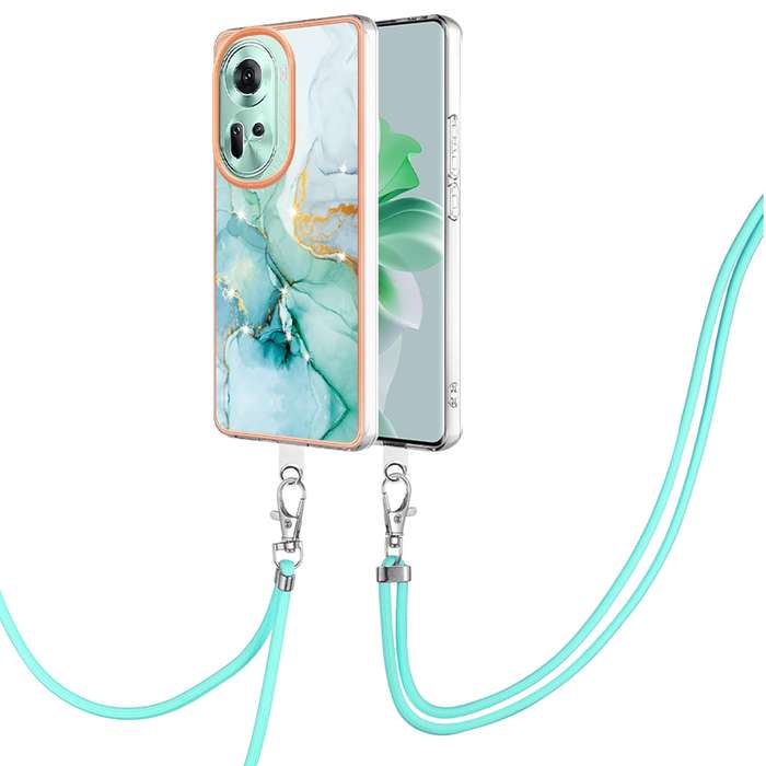 For OPPO Reno11 5G Global Electroplating Marble Dual-side IMD Phone Case with Lanyard(Green 003