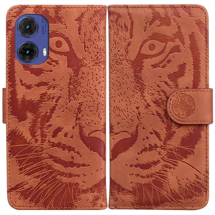 For Motorola Moto G85 Tiger Embossing Pattern Leather Phone Case(Brown)