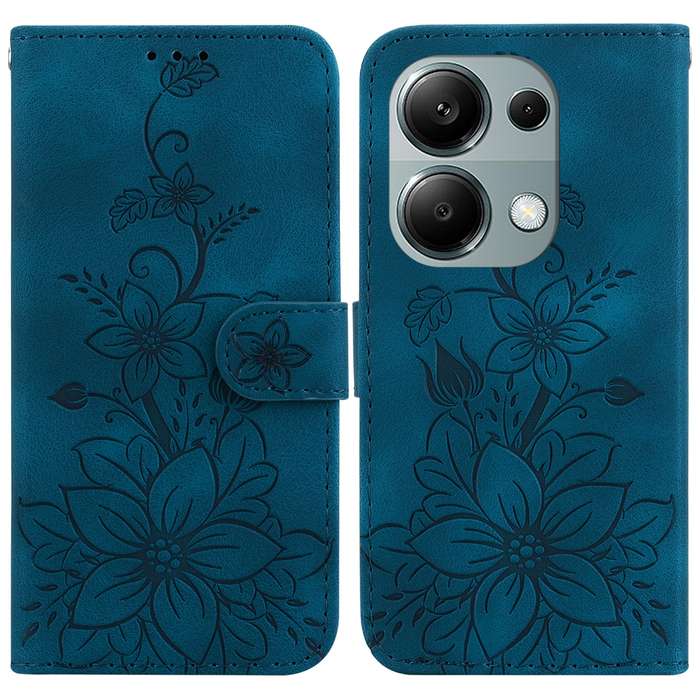 For Xiaomi Poco M6 Pro 4G Lily Embossed Leather Phone Case(Dark Blue)