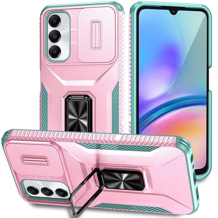 For Samsung Galaxy A05s Sliding Camshield Holder Phone Case(Pink + Grey Green)