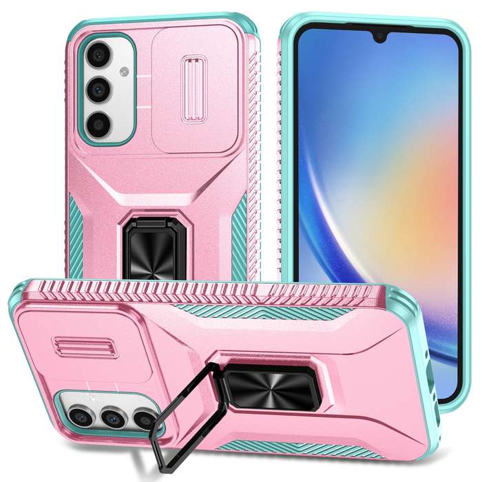 For Samsung Galaxy A34 5G Sliding Camshield Holder Phone Case(Pink + Grey Green)