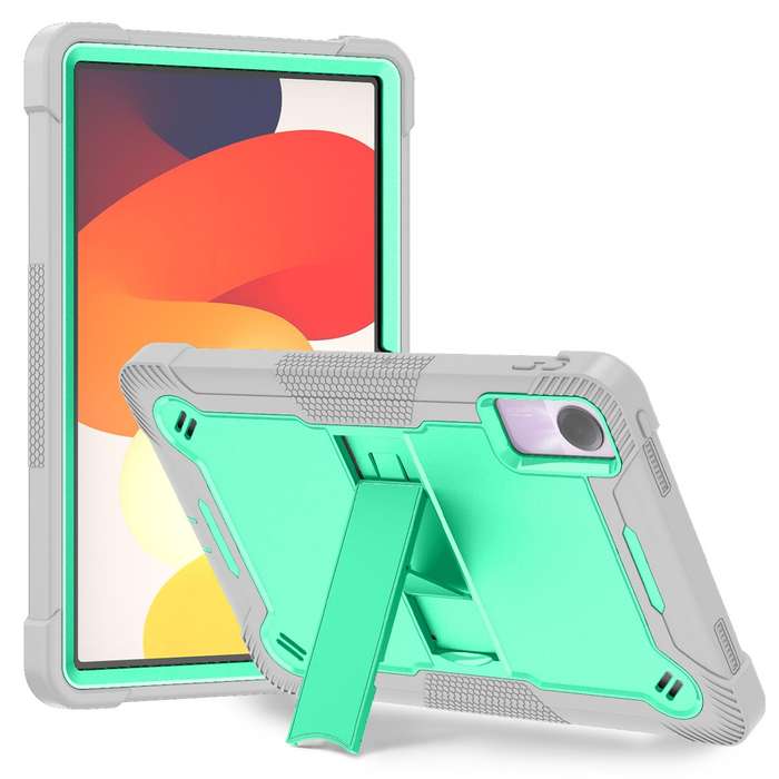 For Xiaomi Redmi Pad SE Shockproof Silicone Hybrid PC Tablet Case with Holder(Mint Green + Grey