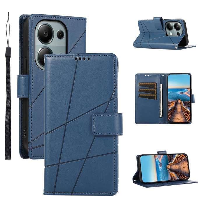 For Xiaomi Redmi Note 13 Pro 4G PU Genuine Leather Texture Embossed Line Phone Case(Blue)