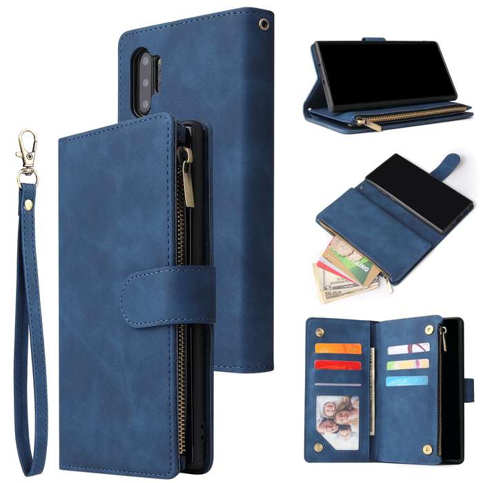 For Samsung Galaxy Note10+ Multifunctional Frosted Zipper Wallet Leather Phone Case(Blue)