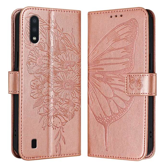 For Samsung Galaxy A10 / M10 EU Embossed Butterfly Leather Phone Case(Rose Gold)