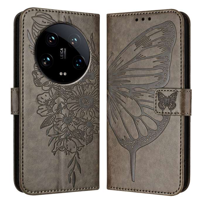 For Xiaomi 14 Ultra 5G Global Embossed Butterfly Leather Phone Case(Grey)