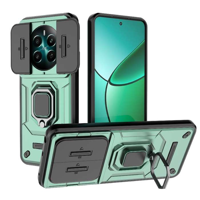 For Realme 12+ 5G Global Sliding Camshield TPU + PC Shockproof Phone Case with Holder(Green)