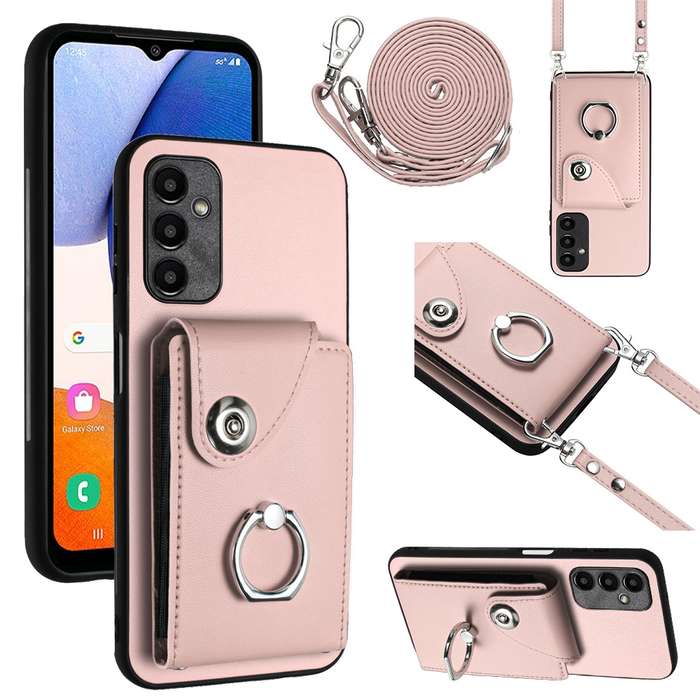 For Samsung Galaxy A25 5G Organ Card Bag Ring Holder Phone Case with Long Lanyard(Pink)