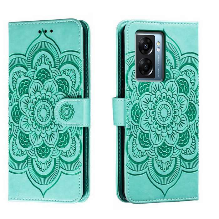For OPPO A57 5G Sun Mandala Embossing Pattern Phone Leather Case(Green)