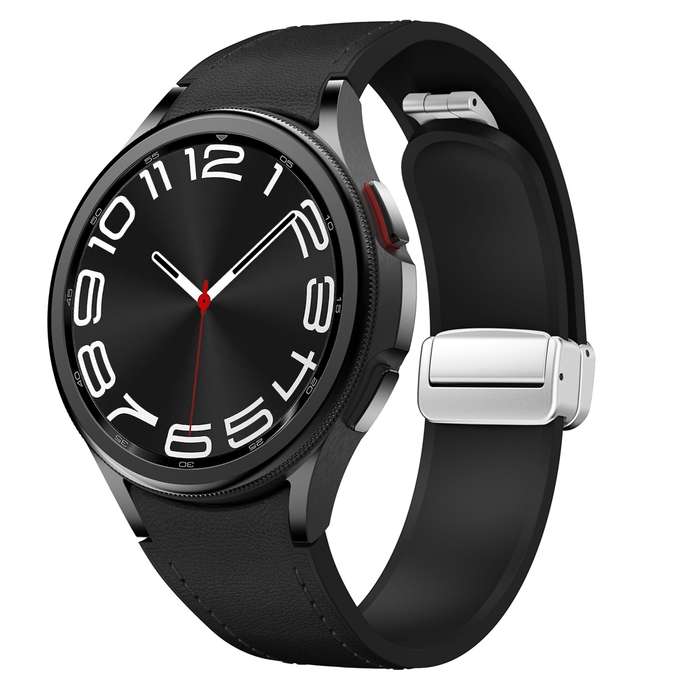 For Samsung Galaxy Watch 6 Magnetic Silver Buckle Leather Silicone Watch Band(Black)
