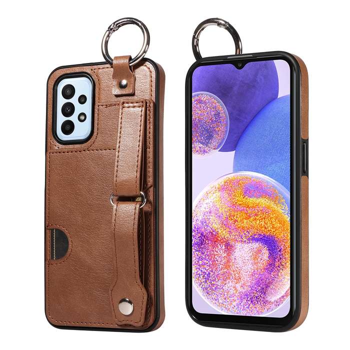 For Samsung Galaxy A23 Calf Texture Wrist Card Slot Ring Phone Case(Brown)