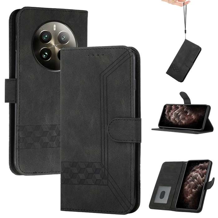 For Realme 12+ 5G Global Cubic Skin Feel Flip Leather Phone Case(Black)