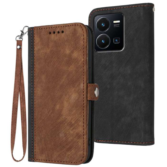 For vivo Y35 4G Global/Y22s 4G Global Side Buckle Double Fold Hand Strap Leather Phone Case(Bro