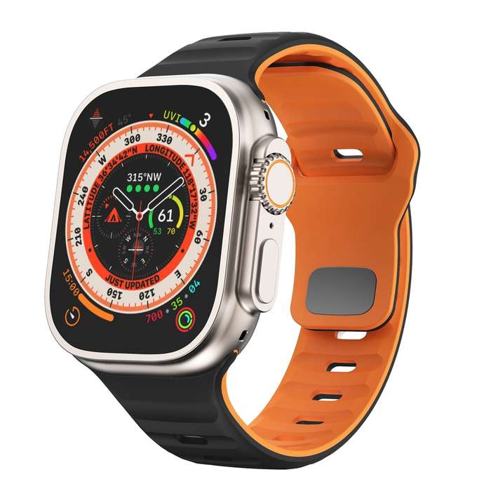 For Apple Watch Ultra 2 49mm Wave Texture Reverse Buckle Silicone Watch Band(Black Orange)