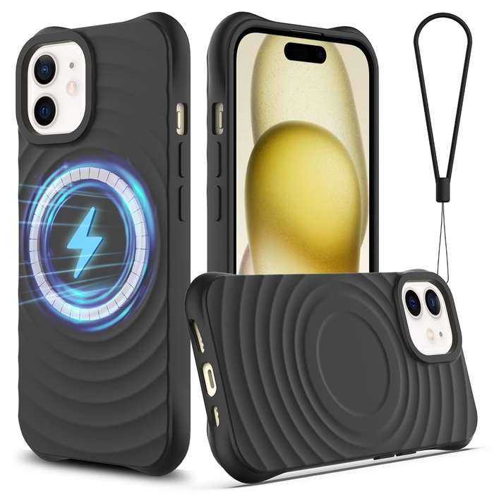 For iPhone 12 mini Wave Texture MagSafe Magnetic Liquid Silicone Phone Case(Black)