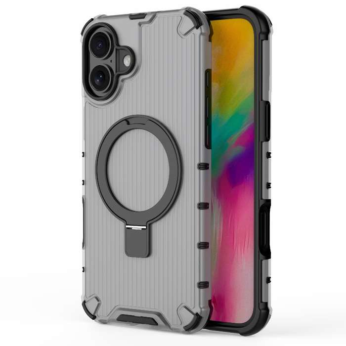 For iPhone 16 Plus Grating Holder Shockproof Phone Case(Transparent Black)