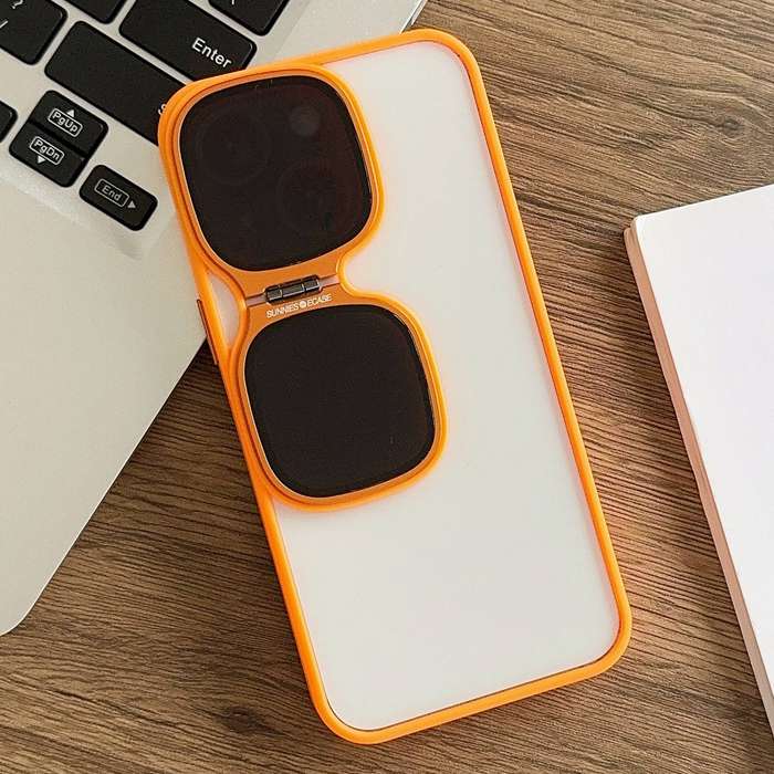 For iPhone 15 Plus Metal Sunglasses Holder TPU + PC Phone Case(Orange)