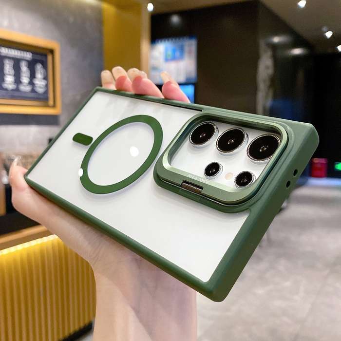 For Samsung Galaxy S22 Ultra 5G Metal Lens Frame Holder MagSafe Phone Case(Green)