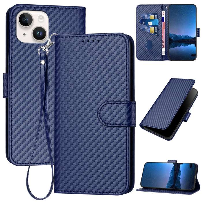 For iPhone 14 YX0070 Carbon Fiber Buckle Leather Phone Case with Lanyard(Royal Blue)