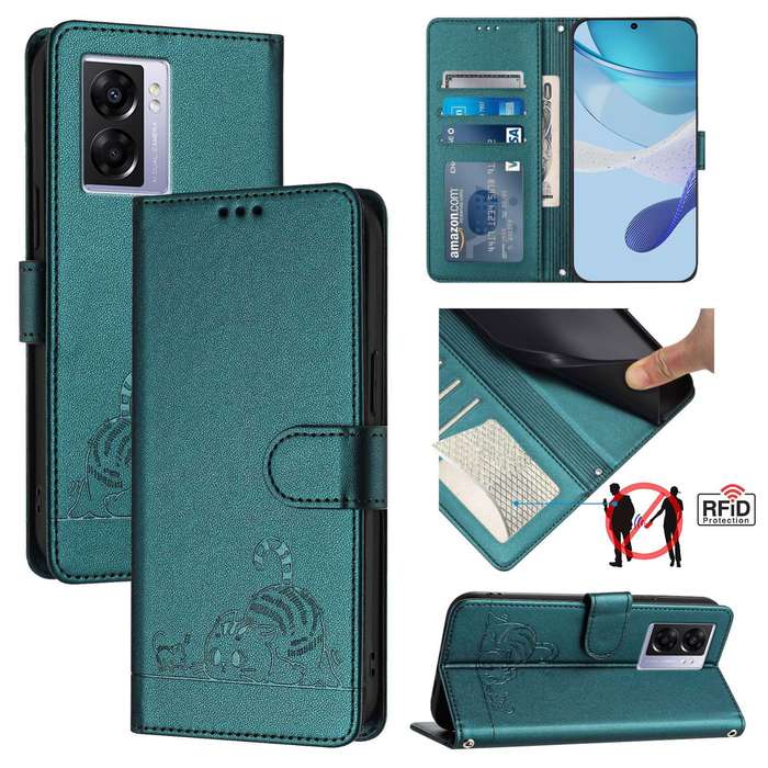 For OPPO A77 5G / A97 5G Cat Rat Embossed Pattern RFID Leather Phone Case with Lanyard(Peacock