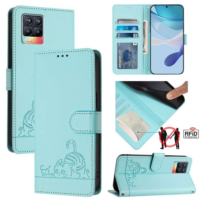 For Realme 8 4G / 8 Pro 4G Cat Rat Embossed Pattern RFID Leather Phone Case with Lanyard(Mint G