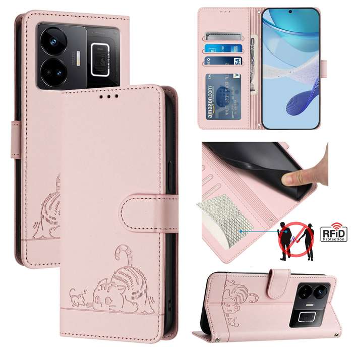 For Realme GT3 5G / GT Neo 5 240W Cat Rat Embossed Pattern RFID Leather Phone Case with Lanyard