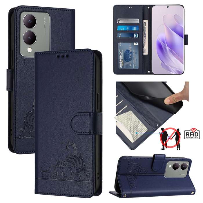 For vivo Y17S 5G India Cat Rat Embossed Pattern RFID Leather Phone Case with Lanyard(Blue)