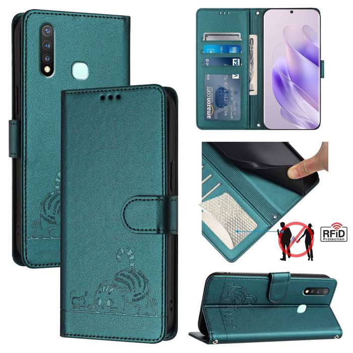 For vivo Y19 / U3 / Y5S / Z5i / U20 Cat Rat Embossed Pattern RFID Leather Phone Case with Lanya