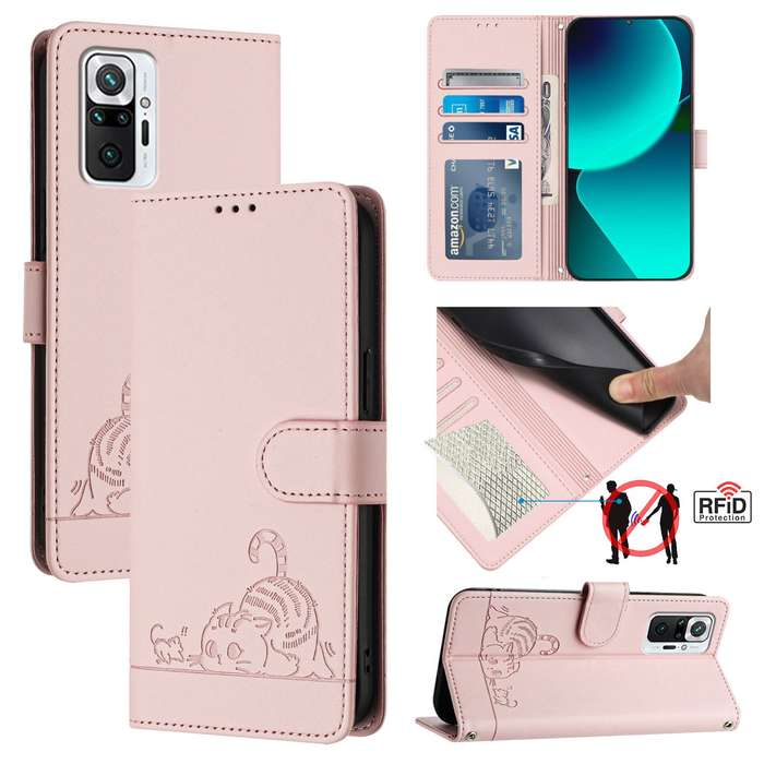 For Xiaomi Redmi Note 10 Pro India Cat Rat Embossed Pattern RFID Leather Phone Case with Lanyar