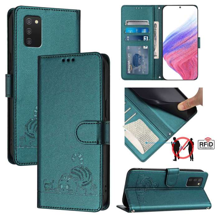 For Samsung Galaxy A03s 165.8mm US Version Cat Rat Embossed Pattern RFID Leather Phone Case wit