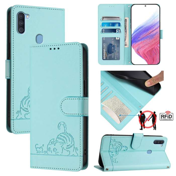 For Samsung Galaxy A11 EU Version Cat Rat Embossed Pattern RFID Leather Phone Case with Lanyard