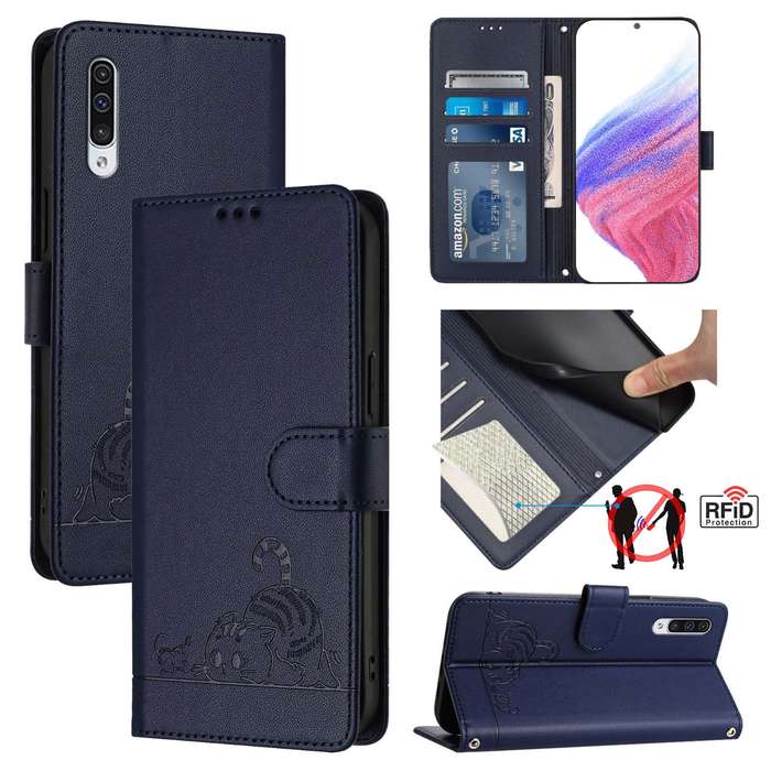 For Samsung Galaxy A50/A30s/A50s Cat Rat Embossed Pattern RFID Leather Phone Case with Lanyard(